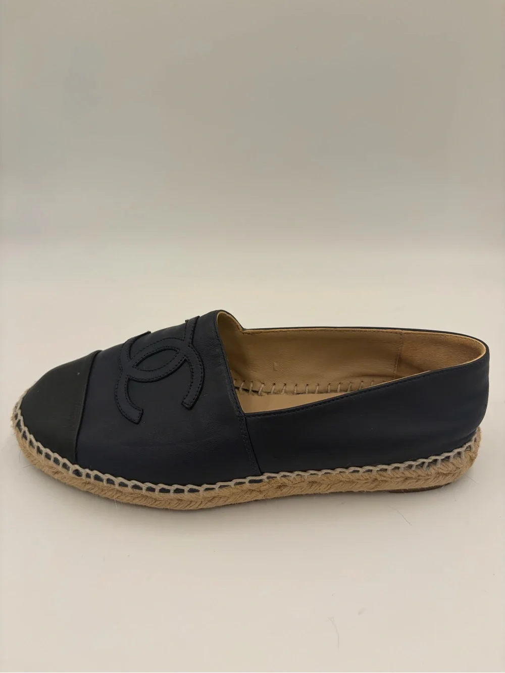 CHANEL Navy and Black  Leather Espadrille Loafer with CC Logo size 37 US 6.5